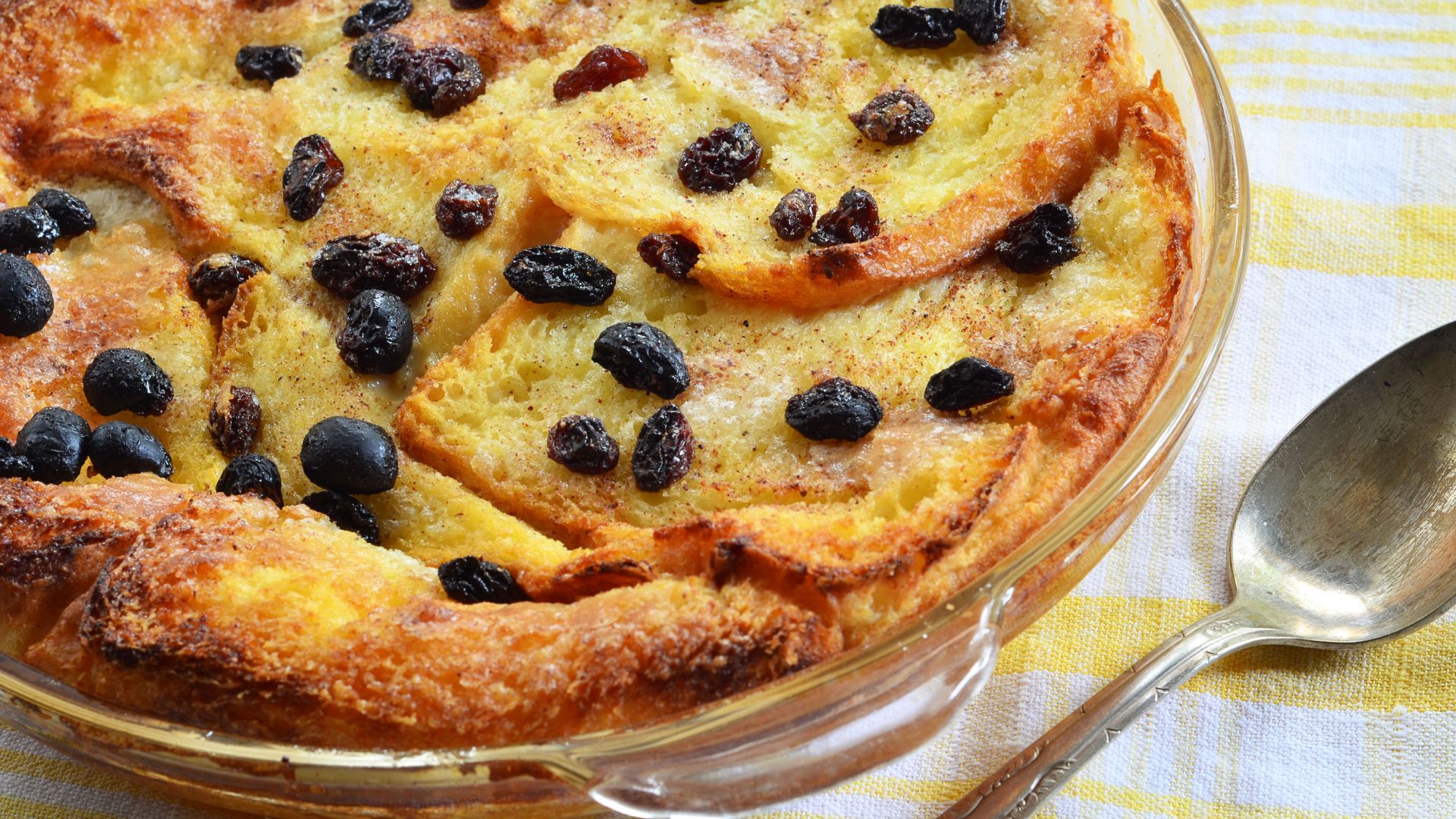 A freshly made dish of bread and butter pudding