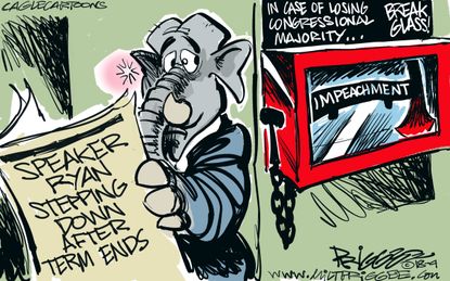 Political cartoon U.S. Paul Ryan retirement GOP Trump impeachment midterms