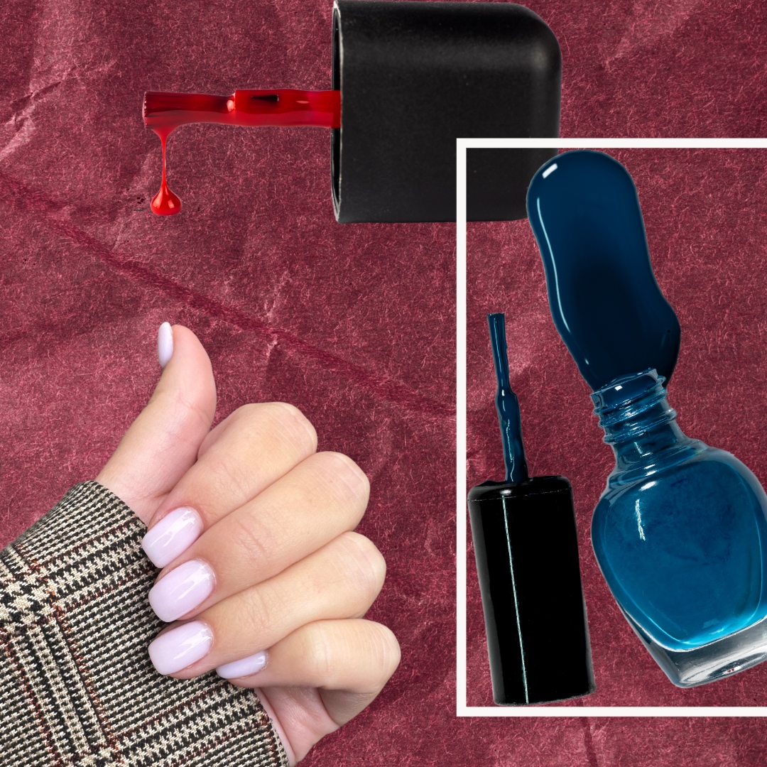 samantha holender square manicure on a red background with blue and red nail polish