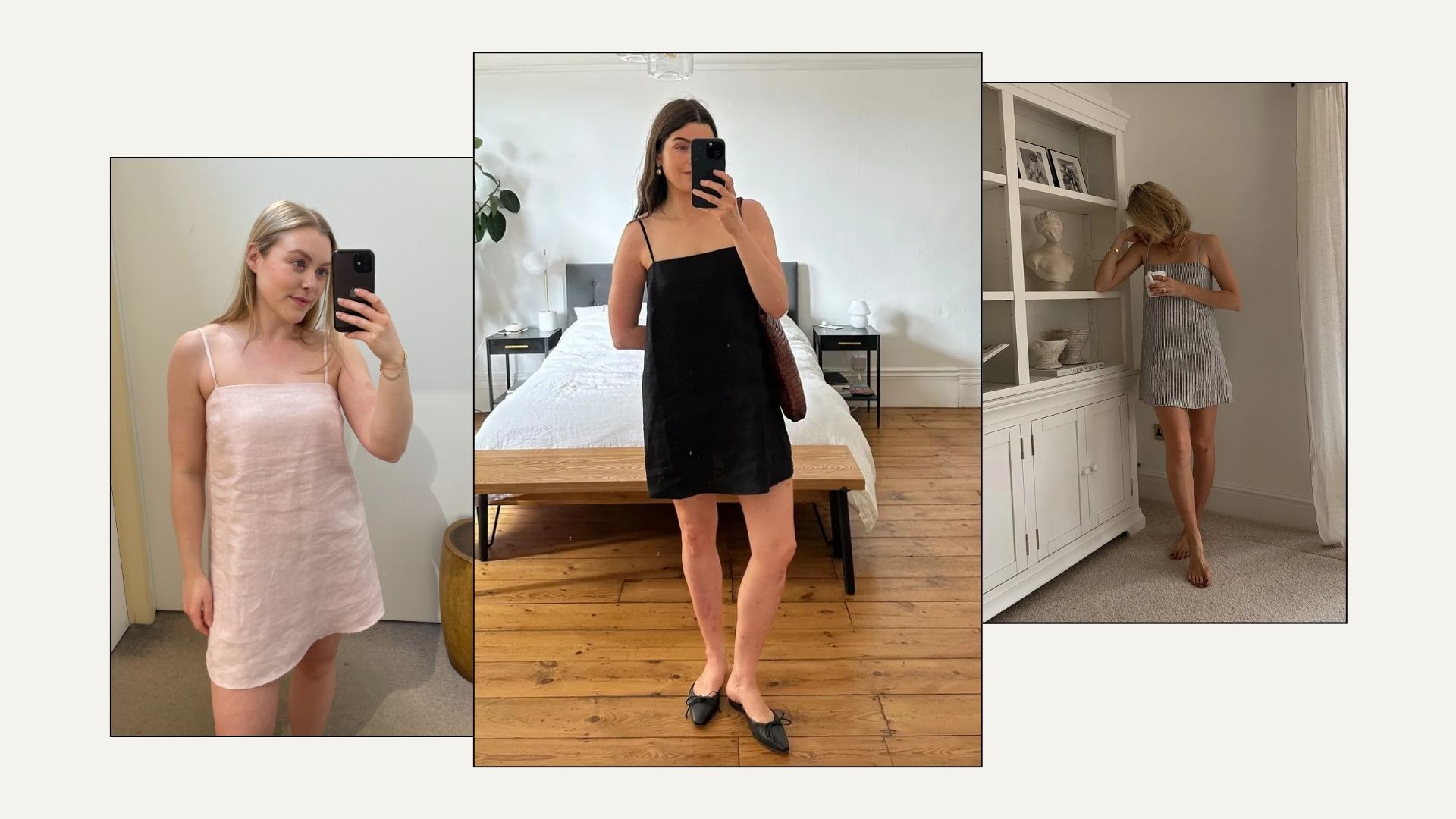 Woman wears pink linen dress; woman wears black linen dress and mules; woman wears gingham linen dress