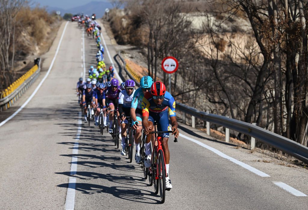 CANALS SPAIN FEBRUARY 01 Amanuel Ghebreigzabhier of Eritrea and Team Lidl Trek leads the peloton during the to the 75th Volta a la Comunitat Valenciana 2024 Stage 2 a 1627km stage from Canals to Mancom de la Valldigna on February 01 2024 in Canals Spain Photo by Dario BelingheriGetty Images