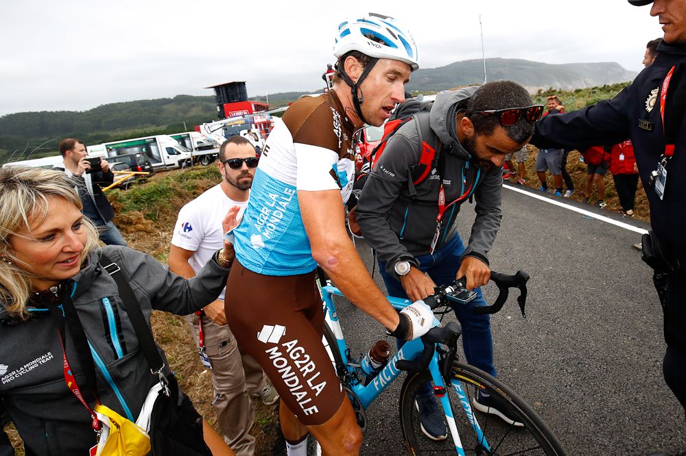 Stage winner Alexandre Geniez (AG2R La Mondiale) recovers following a crash after the finish of stage 12 at the Vuelta