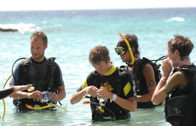 Andy Schlek adjusts his goggles while Tom Boonen looks ready to dive