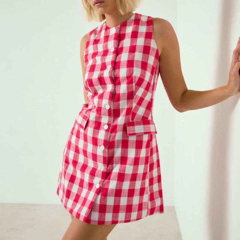 Next , Gingham Check Sleeveless Waistcoat Button Through Mini Dress
