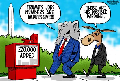 Political Cartoon U.S. GOP Republican Democrat Trump jobs numbers pardons