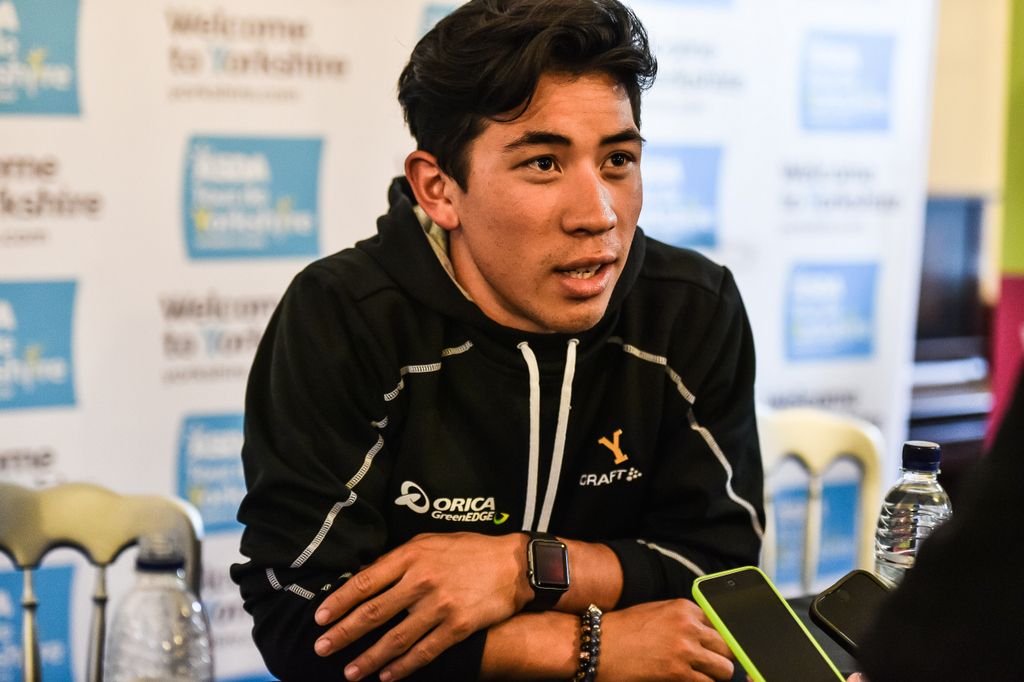Caleb Ewan talks with the press ahead of the Tour de Yorkshire