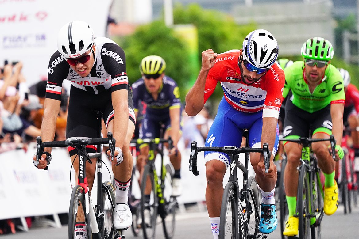 A muted celebration from Fernando Gaviria after he was pushed hard by Max Walscheid