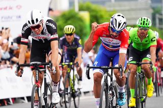 A muted celebration from Fernando Gaviria after he was pushed hard by Max Walscheid