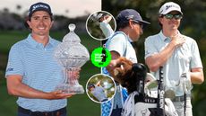 Nico Echavarria holds a trophy, with a golf bag next to his caddie