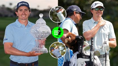 Nico Echavarria holds a trophy, with a golf bag next to his caddie