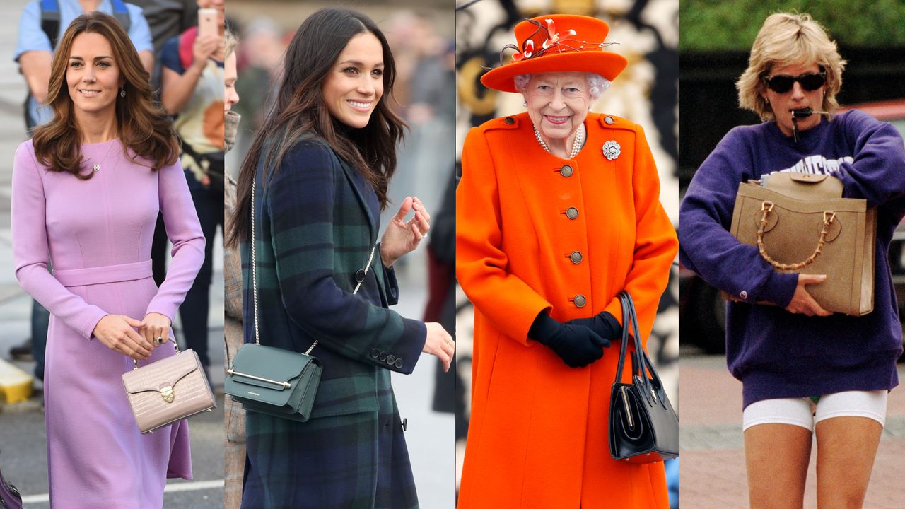 A photo of Kate Middleton in a long-sleeved lilac dress holding a matching purse next to a photo of Meghan Markle in a green and blue plaid coat and green crossbody purse, a photo of Queen Elizabeth wearing an orange coat and matching hat with a black purse, and one of Princess Diana wearing a purple sweatshirt and white shorts holding keys in her mouth and a straw tote with bamboo handles 