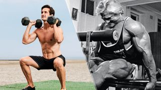 a photo of a man doing a squat and bodybuilder Tom Platz