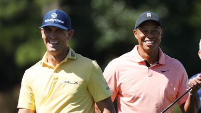Billy Horschel and Tiger Woods smile at the Masters