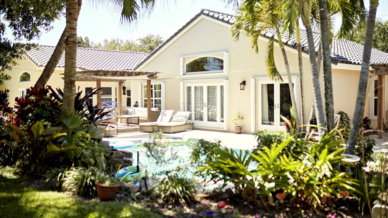 A sunny backyard with a pool and deck surrounded by tropical planting