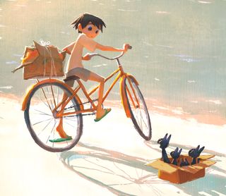 2D art; a boy finds a box of kittens