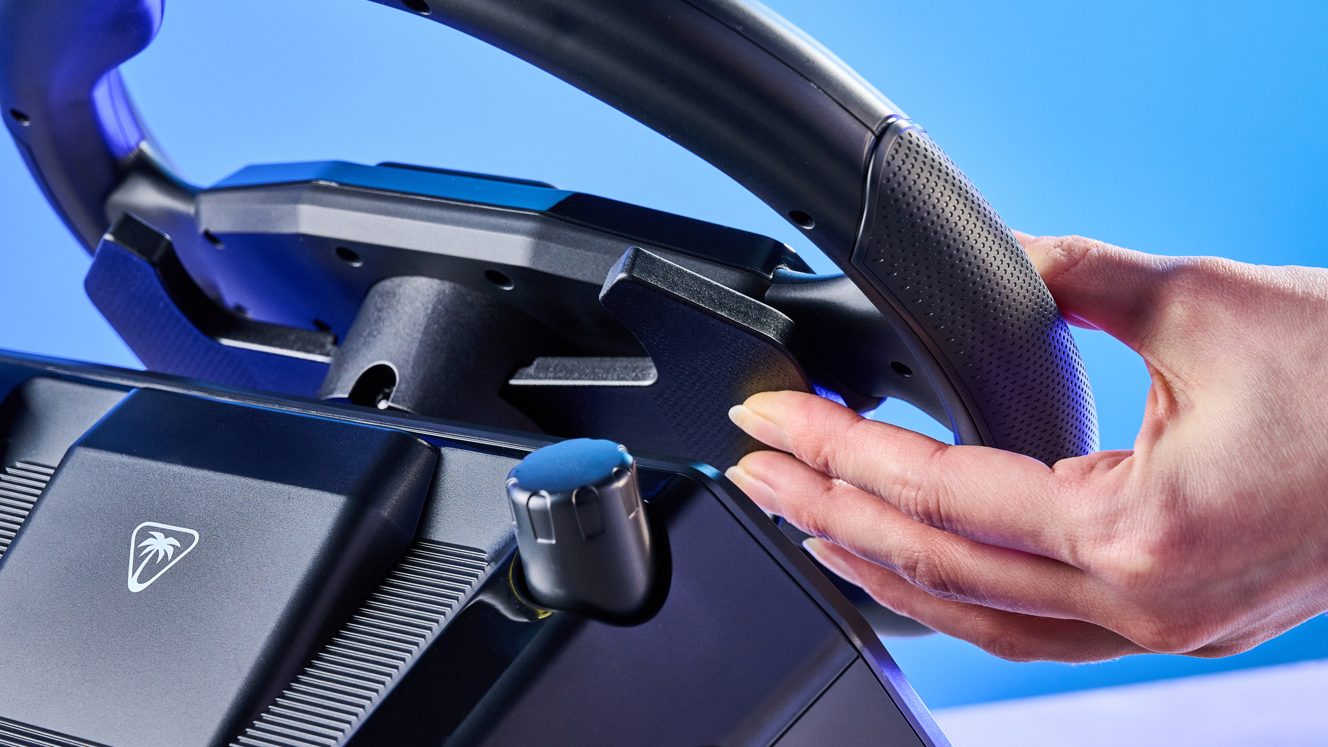 A black Turtle Beach Racer Wireless racing wheel