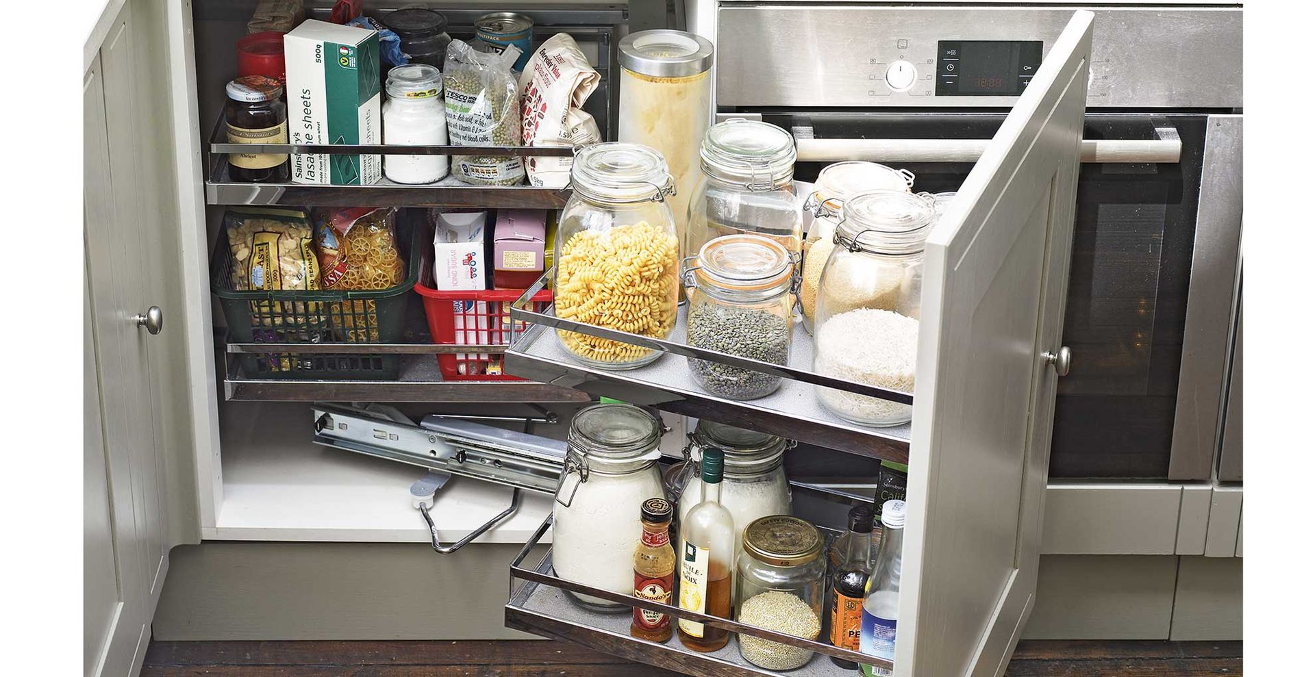 Inside a kitchen corner cupboard stocked with ingredients to show how to build a capsule kitchen