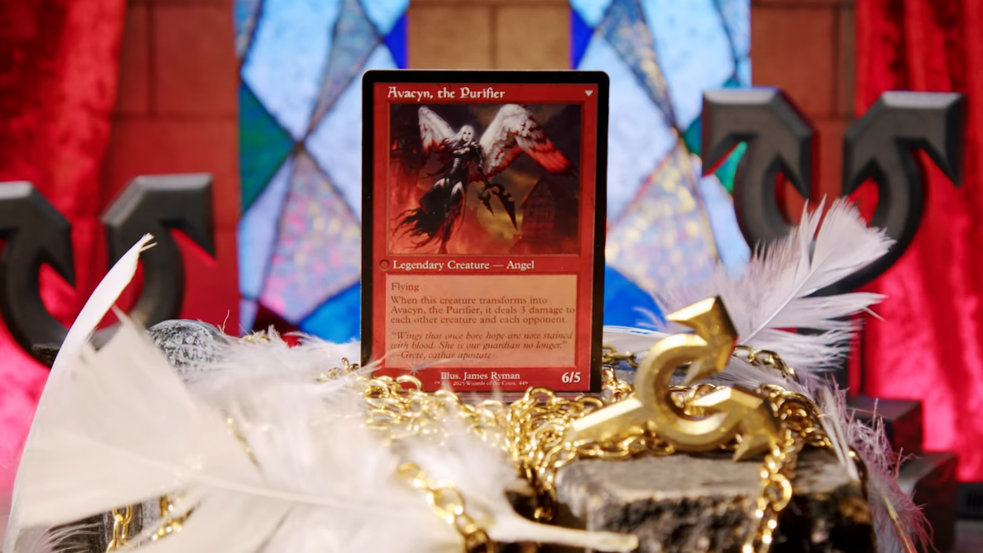 Avacyn card on bricks festooned with feathers and chains