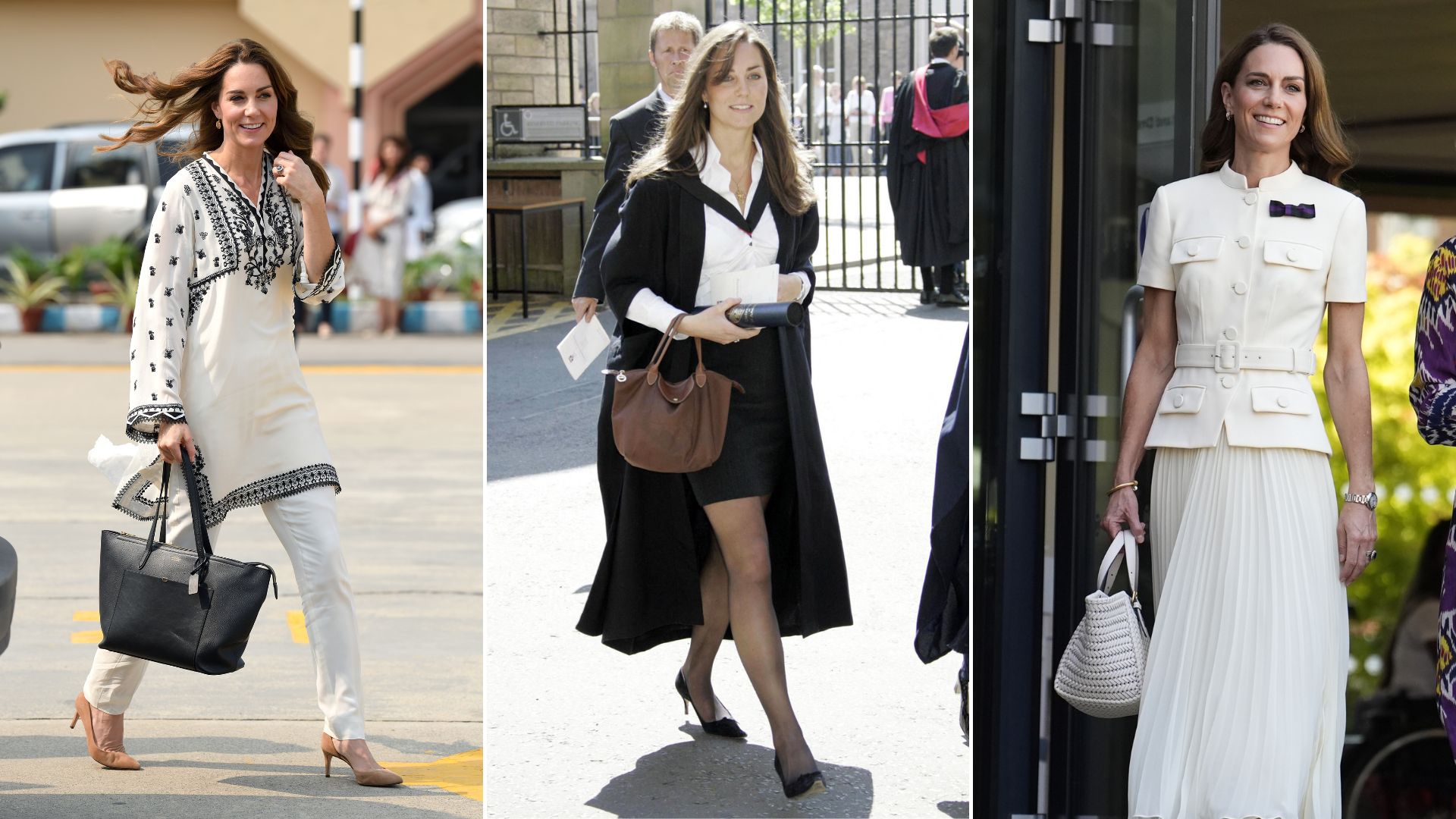 Three images of Kate Middleton carrying bags by Smythson, Longchamp and Anya Hindmarch