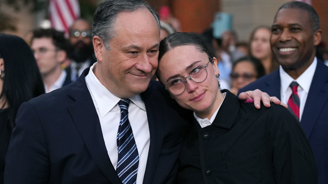 Second gentleman Doug Emhoff and Ella Emhoff react after Democratic presidential nominee, U.S. Vice President Kamala Harris conceded the election in a speech at Howard University on November 06, 2024 in Washington, DC.