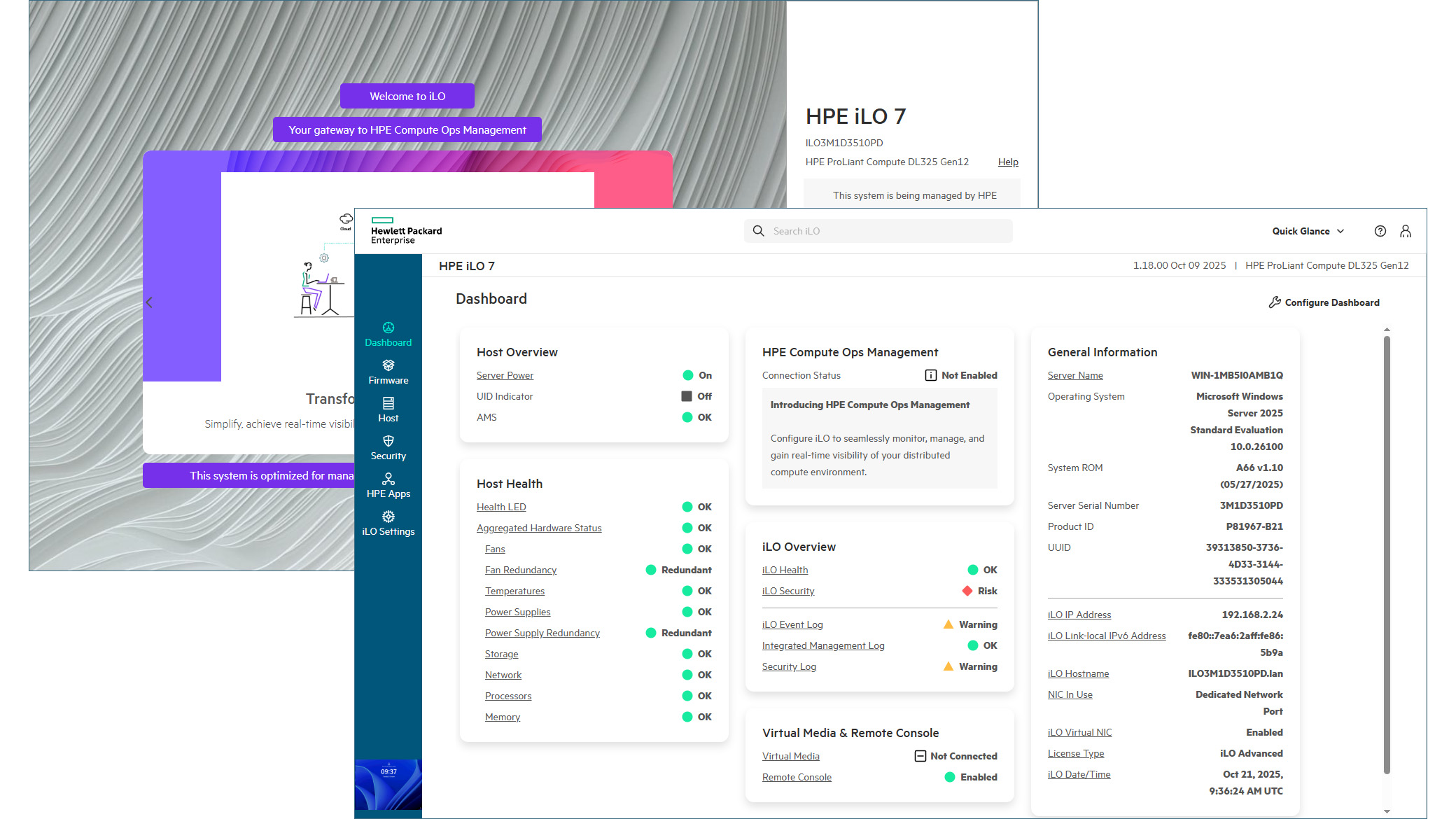 A screenshot of the HPE ProLiant DL325 Gen12 dashboard
