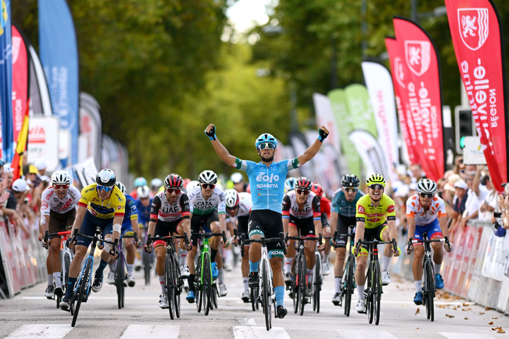 LIMOGES FRANCE AUGUST 19 A general view of Vincenzo Albanese of Italy and EoloKometa Cycling Team celebrates winning ahead of Alex Aranburu Deba of Spain and Movistar Team Yellow Leader Jersey Diego Ulissi of Italy and UAE Team Emirates and Milan Menten of Belgium and Team Bingoal Pauwels Sauces Wb during the 55th Tour du Limousin Nouvelle Aquitaine 2022 Stage 4 a 1748km stage from Saint Laurent sur Gorre to Limoges 289m TDL2022 on August 19 2022 in Limoges France Photo by Dario BelingheriGetty Images