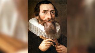 johannes kepler wearing a collar and black shirt and holding a mathematical compass, in a painting