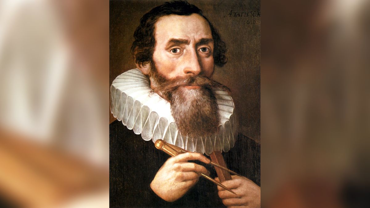 johannes kepler vestindo uma gola e camisa preta e segurando uma bússola matemática, em uma pintura