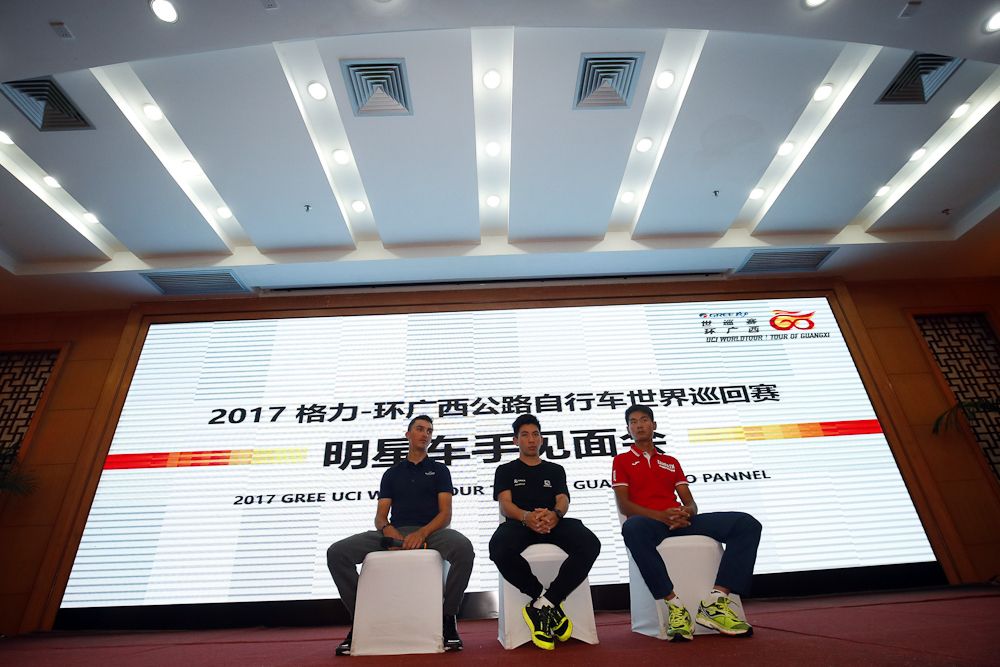 Julian Alaphilippe (QuickStep-Floors), Caleb Ewan (Orica-Scott) and Meiyin Wang Bahrain-Merida) at the Tour of Guangxi press conference