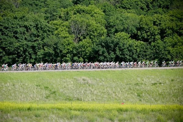 The men get strung out on one of the few inclines today.