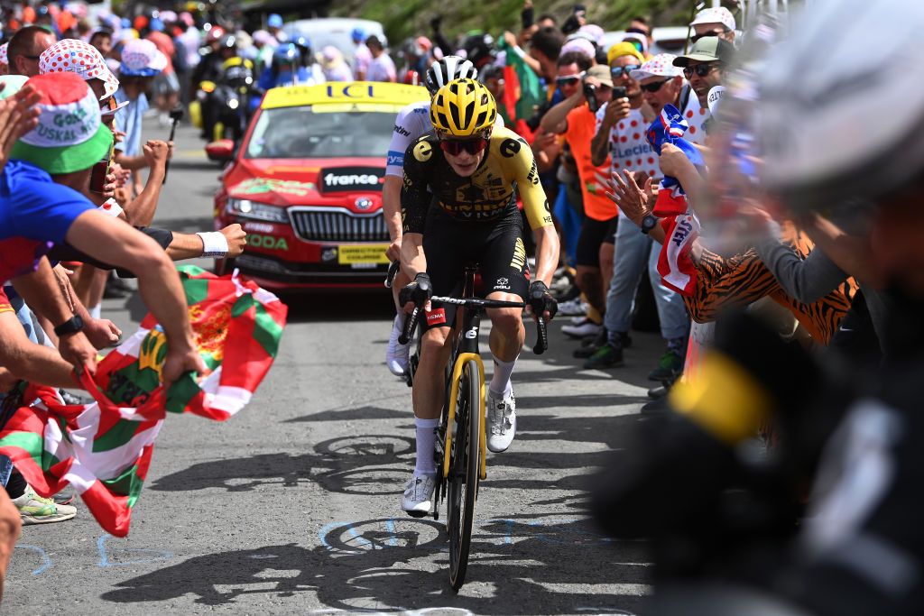 CAUTERETSCAMBASQUE FRANCE JULY 06 Jonas Vingegaard of Denmark and Team JumboVisma competes climbing down the Col du Tourmalet 2115m while fans cheers during the stage six of the 110th Tour de France 2023 a 1449km stage from Tarbes to CauteretsCambasque 1355m UCIWT on July 06 2023 in CauteretsCambasque France Photo by Tim de WaeleGetty Images
