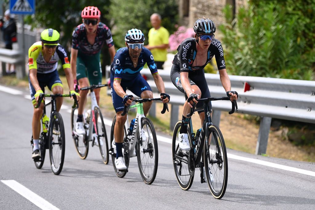 APRICA ITALY MAY 24 LR Jan Hirt of Czech Republic and Team Intermarch Wanty Gobert Matriaux Hugh Carthy of United Kingdom and Team EF Education Easypost Alejandro Valverde Belmonte of Spain and Movistar Team and Thymen Arensman of Netherlands and Team DSM compete in the breakaway during the 105th Giro dItalia 2022 Stage 16 a 202km stage from Sal to Aprica 1173m Giro WorldTour on May 24 2022 in Aprica Italy Photo by Tim de WaeleGetty Images