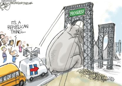 Political cartoon U.S. 2016 election Donald Trump Hillary Clinton bridges and walls