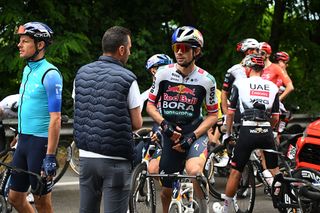 NAPOLI ITALY MAY 15 LR Exprofessional cyclist Vincenzo Nibali of Italy and Primoz Roglic of Slovenia and Team Red Bull BORA hansgrohe while the race is neutralized due to a crash in the peloton during the 108th Giro dItalia 2025 Stage 6 a 227km stage from Potenza to Napoli UCIWT on May 15 2025 in Potenza Italy Photo by Dario BelingheriGetty Images