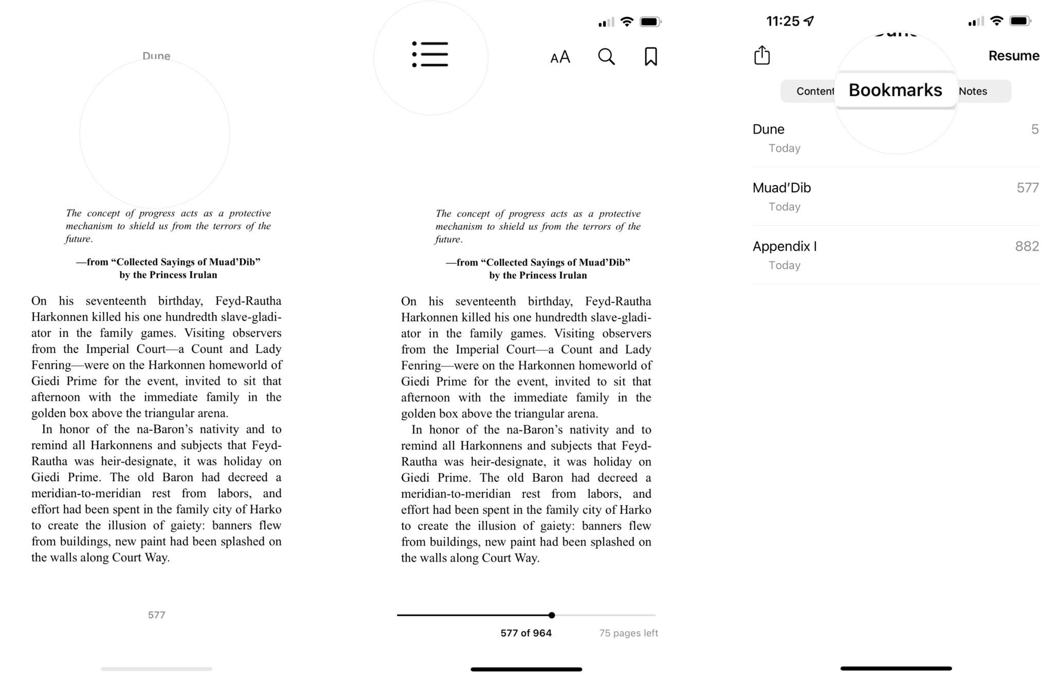 How to see a list of bookmarks in Apple Books: tap a blank part of the page to bring up the controls, tap the list icon, tap the Bookmarks tab