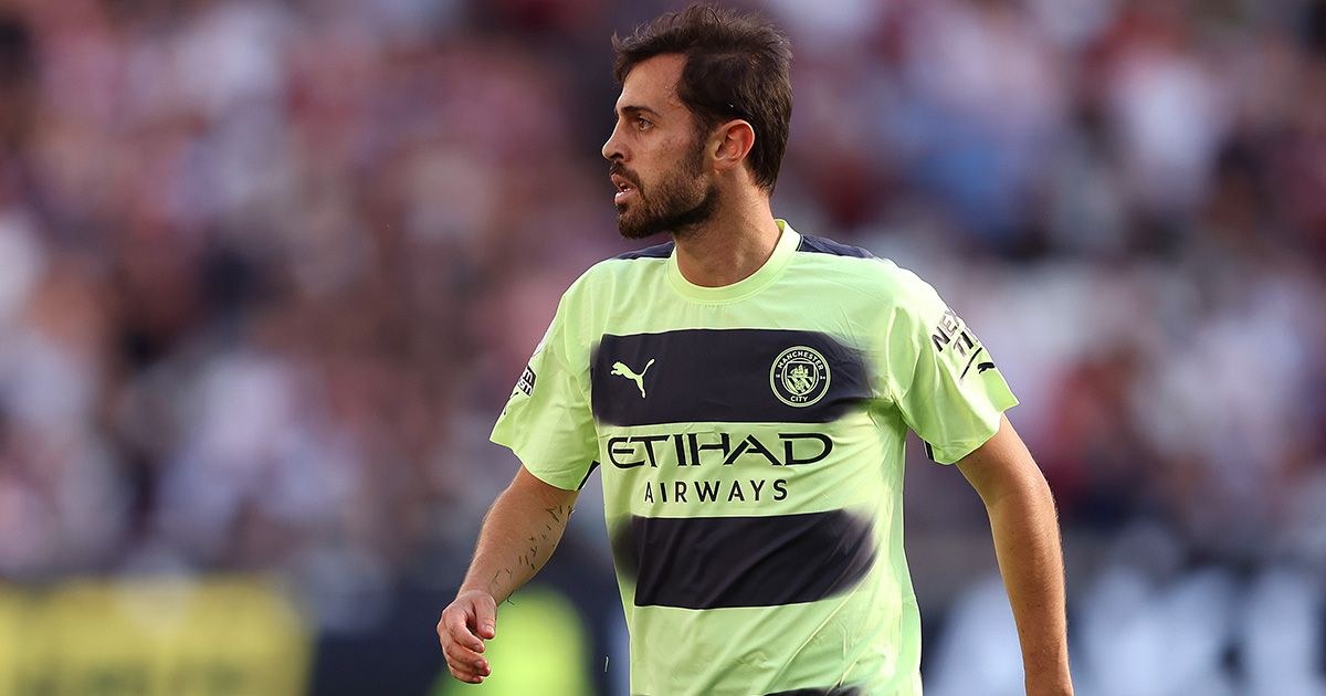 Manchester City star Bernardo Silva during the Premier League match between West Ham United and Manchester City at London Stadium on August 07, 2022 in London, England. 