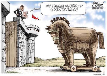 Obama cartoon World Trojan Horse Refugees