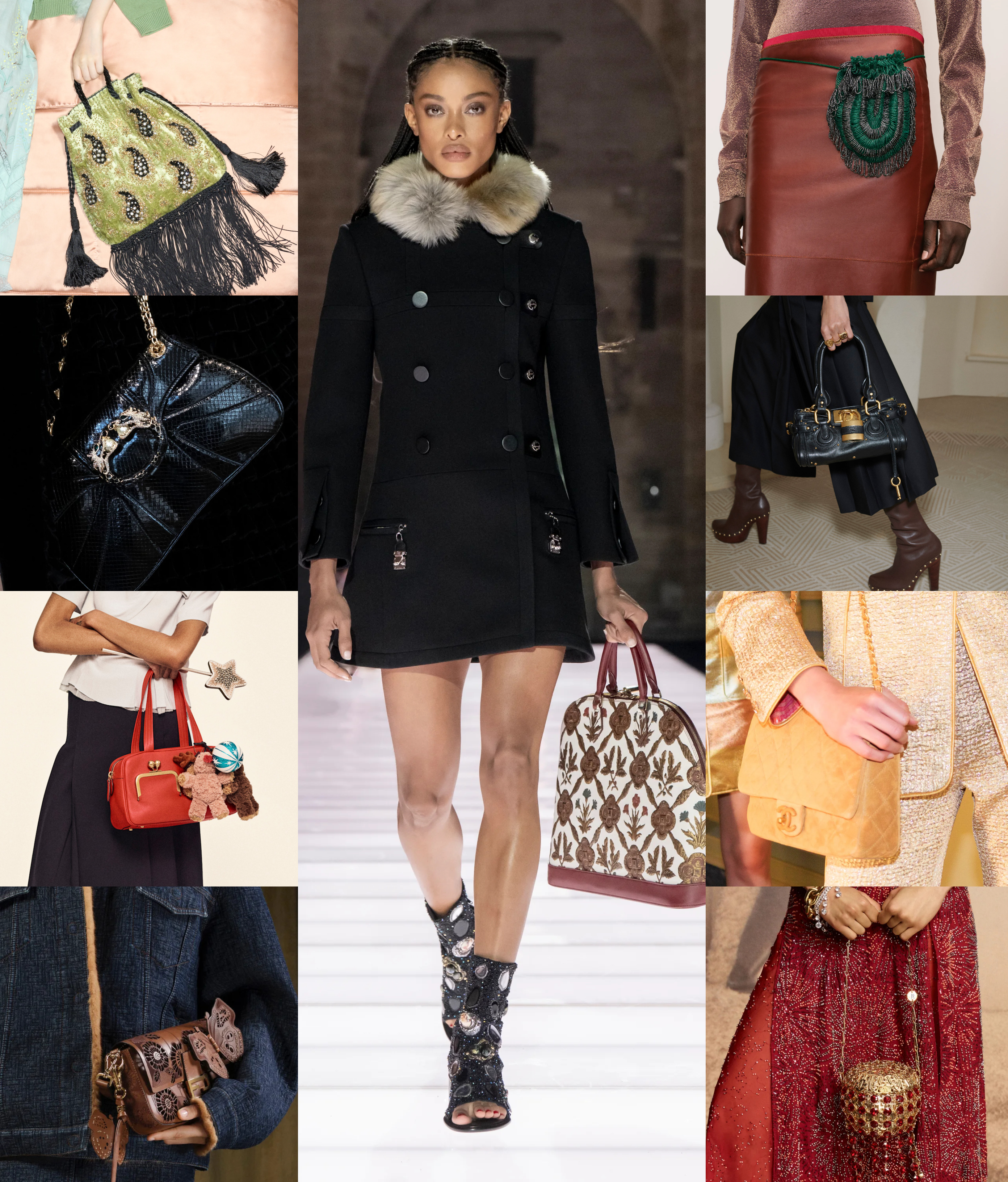 winter 2026 bag trend vintage inspired at Valentino, Gucci, Coach, Fendi, Louis Vuitton, Tory Burch, Chlo&amp;eacute;, Chanel, and Rabanne Resort 2026