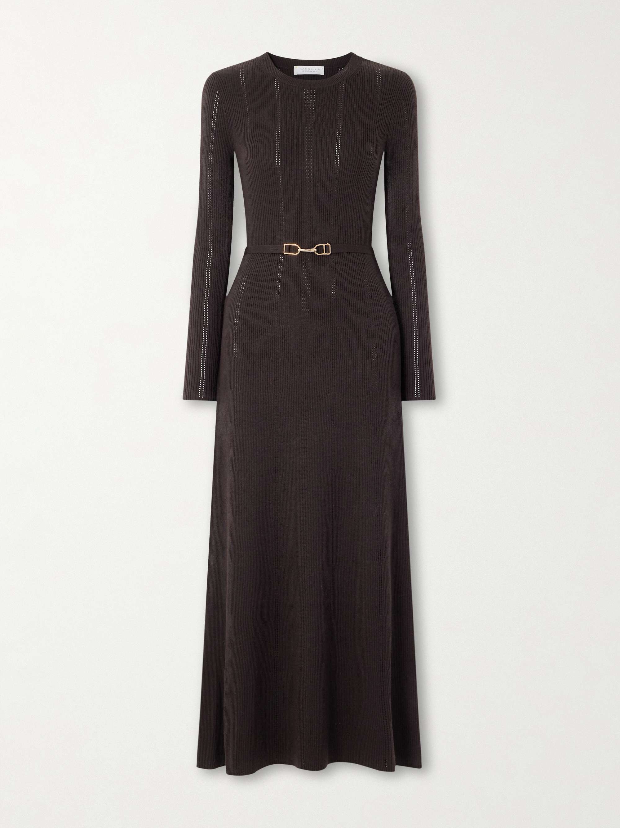 Imagene Belted Ribbed Pointelle-Knit Wool Midi Dress