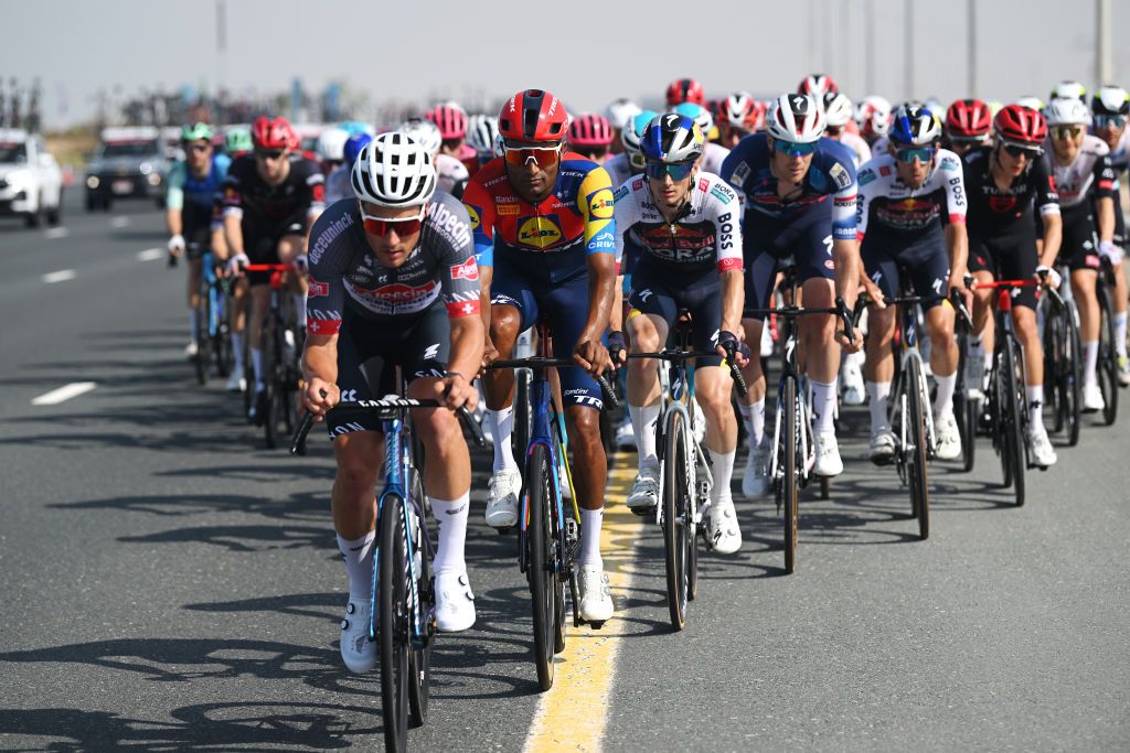 ABU DHABI UNITED ARAB EMIRATES FEBRUARY 22 Amanuel Ghebreigzabhier of Eritrea and Team LidlTrek competes during the 7th UAE Tour 2025 Stage 6 a 165km stage from Abu Dhabi Cycling Club to Abu Dhabi Breakwater UCIWWT on February 22 2025 in Abu Dhabi United Arab Emirates Photo by Dario BelingheriGetty Images
