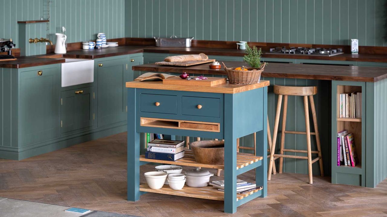 small green kitchen with small blue kitchen island to show how to choose the right kitchen island size