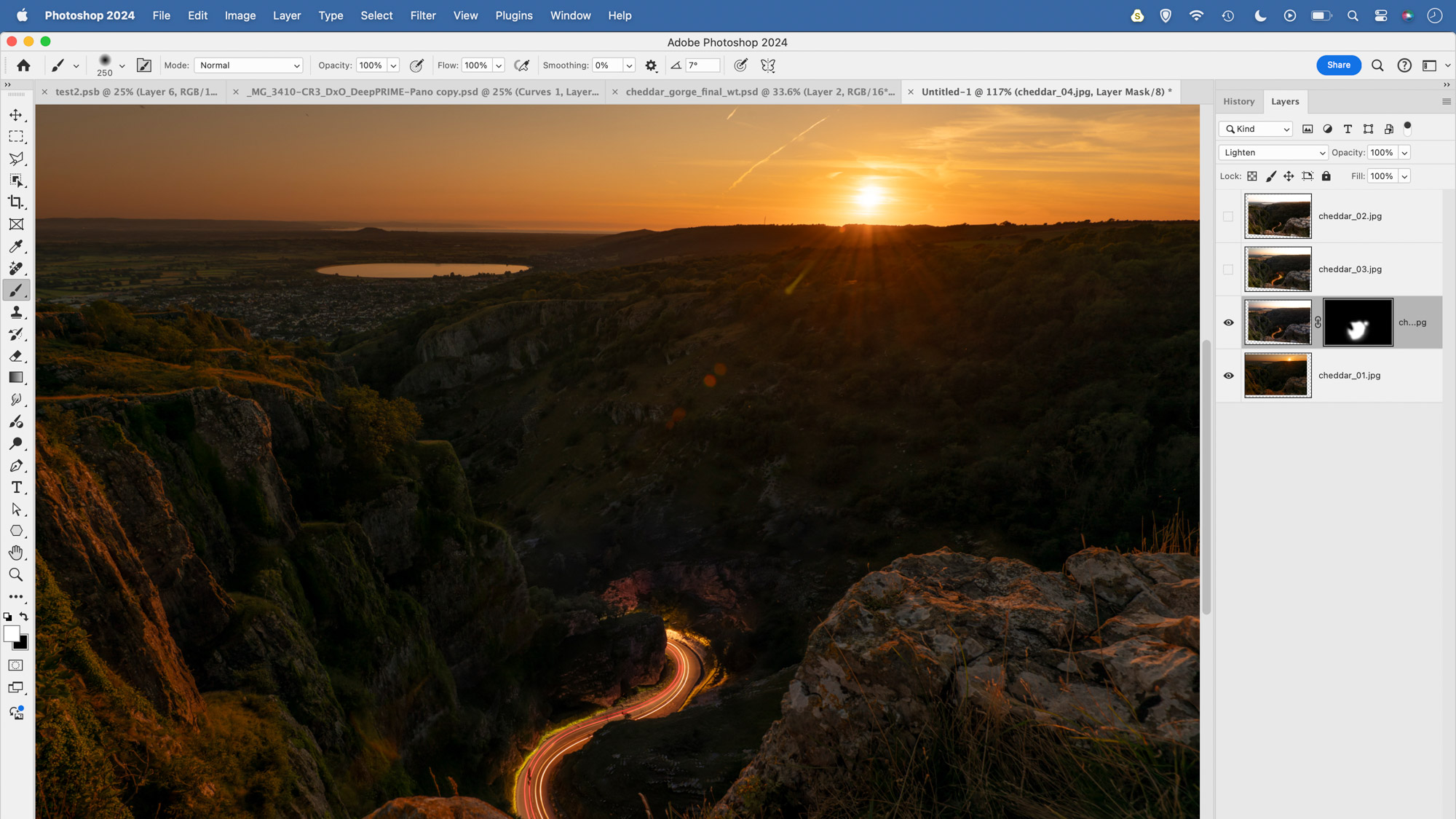 A Photoshop screenshot showing a Layer Mask being used to to mask off the road and traffic trails in one of the layers