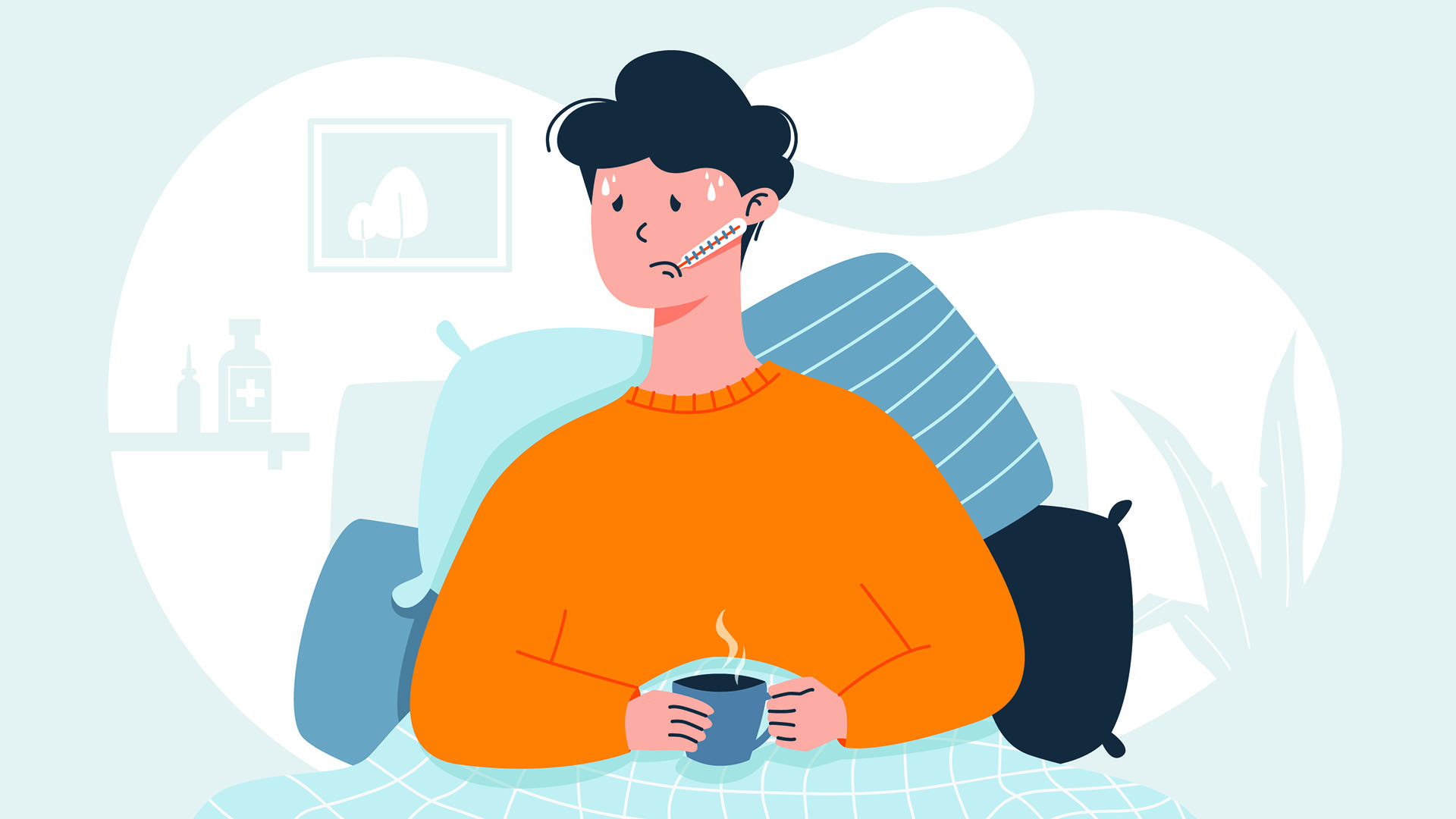 An illustration of a person wearing a yellow sweater in bed with the cold or flu, against a greay background. The person is holding a warm drink, lying propped up on pillows, with a thermometer in their mouth