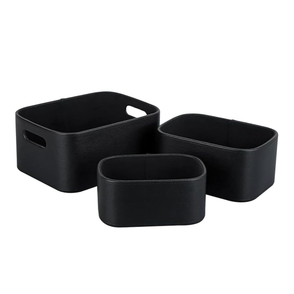 Set of three faux leather storage baskets