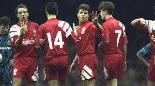 1993: The Liverpool wall (from left to right) Rob Jones, Mike Marsh, Stig Bjornebye, Steve McManaman and Jamie Redknapp during an FA Carling Premier League match against Manchester United at Anfield in Liverpool, England. Manchester United won the match2-1. \ Mandatory Credit: Anton Want/Allsport