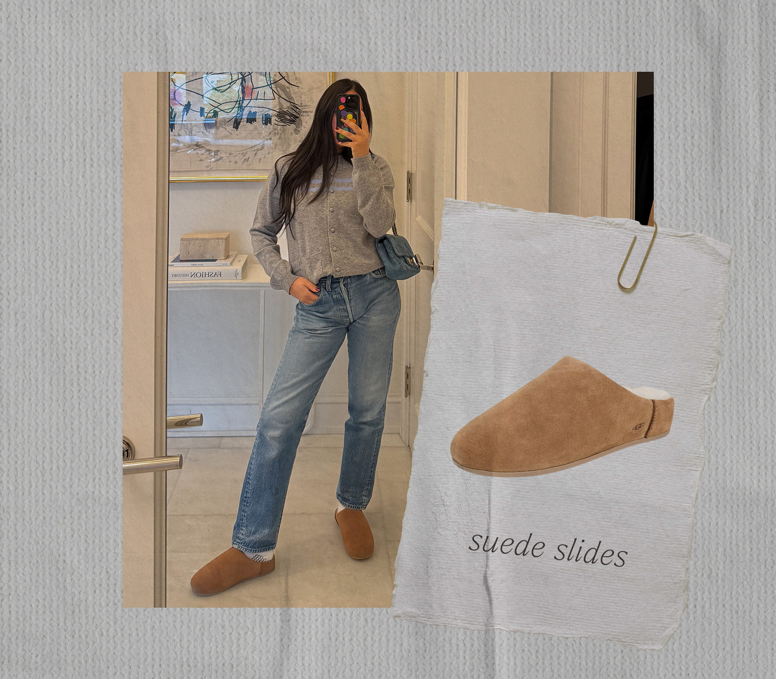 @nicoleakhtarzad wearing suede slides.