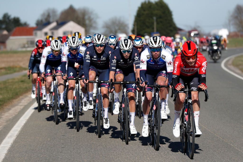 KUURNE BELGIUM FEBRUARY 27 Iljo Keisse of Belgium Jannik Steimle of Germany Florian Senechal of France and Zdenek Stybar of Czech Republic and Team QuickStep Alpha Vinyl compete during the 74th Kuurne Bruxelles Kuurne 2022 a 1951km race from Kuurne to Kuurne KuurneBxlKuurne on February 27 2022 in Kuurne Belgium Photo by Bas CzerwinskiGetty Images