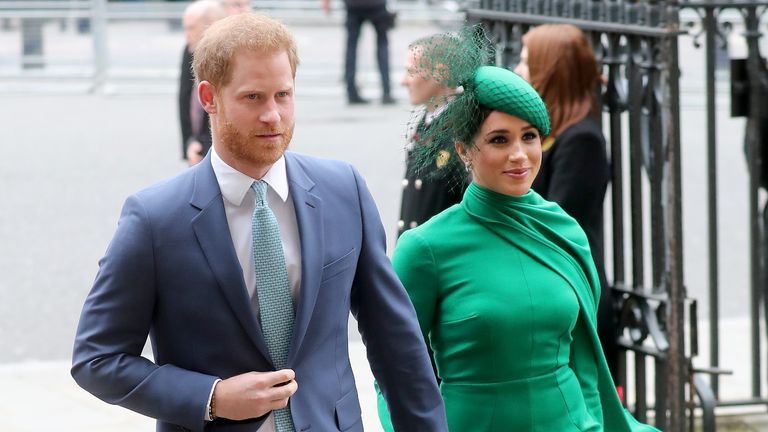 Prince Harry and Meghan, Duchess of Sussex meet children as they attend the Commonwealth Day Service 2020