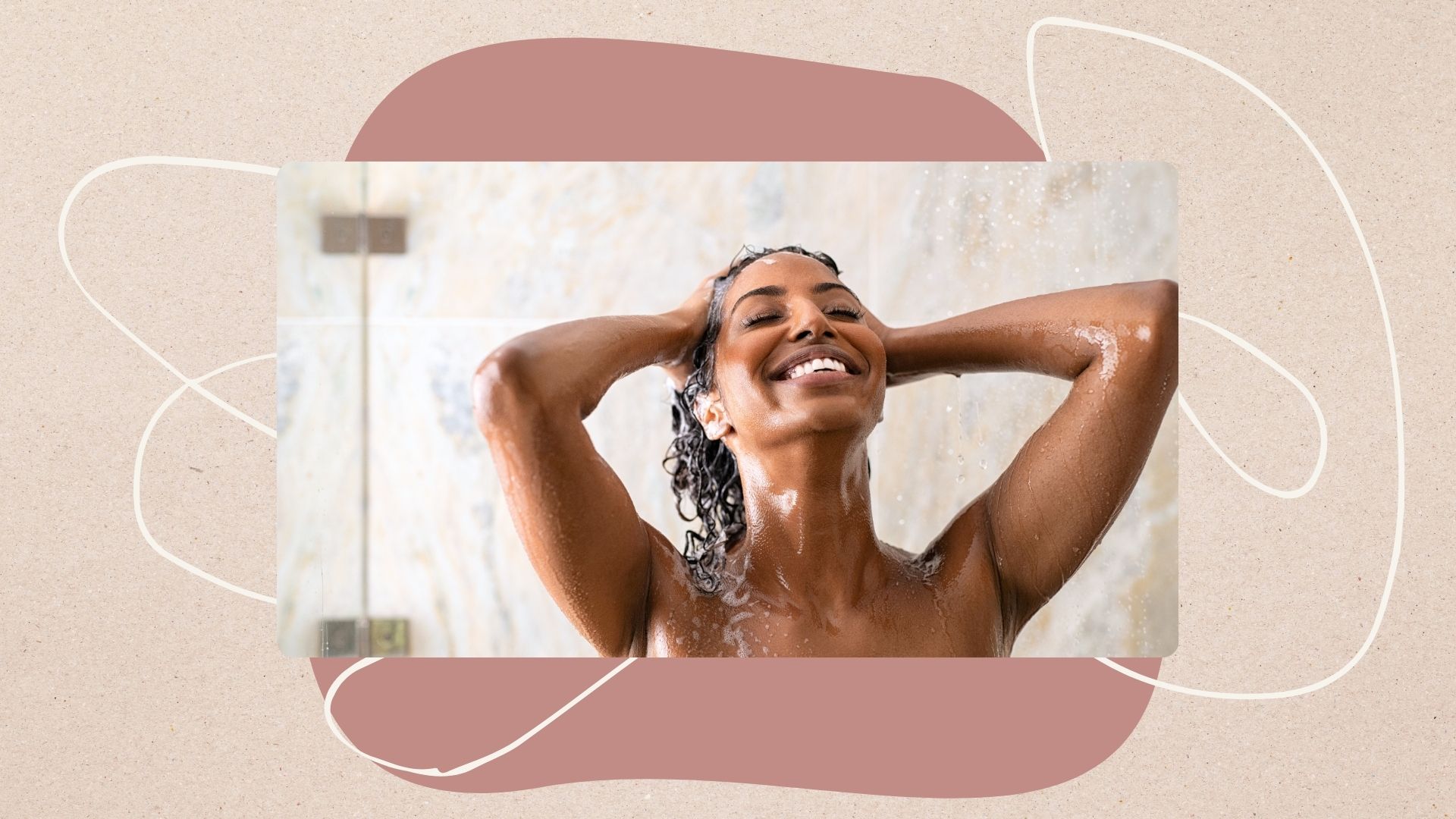 woman washing her hair in shower with clarifying shampoo