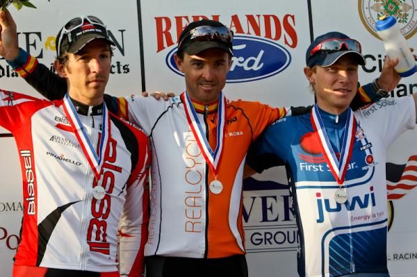 The final GC podium with Francisco Mancebo (Realcyclist.com) first, Ben Jacques-Maynes (Bissell) second and Chris Baldwin (juwi Solar-First Solar) in third.